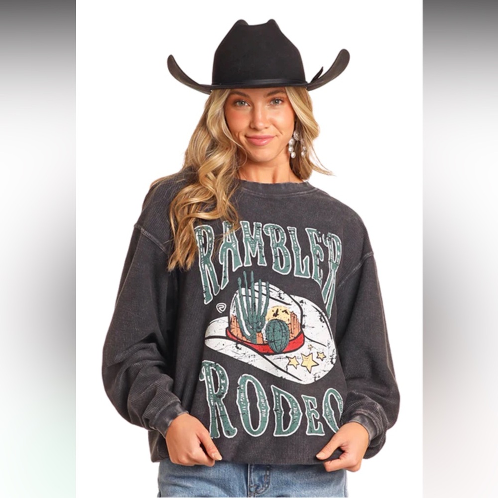 ROCK & ROLL DENIM “Rambler Rodeo” Graphic Gray Pullover Sweatshirt size Large